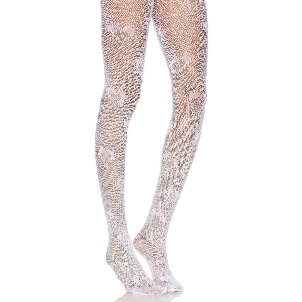 superdown Jax Tights in White One Size Womens Heart Pantyhose Fishnets Nylons